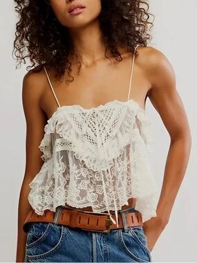 NWT Free People FP Sofia Embroidered Mesh Sheer Lace Tank Top Ivory Large
